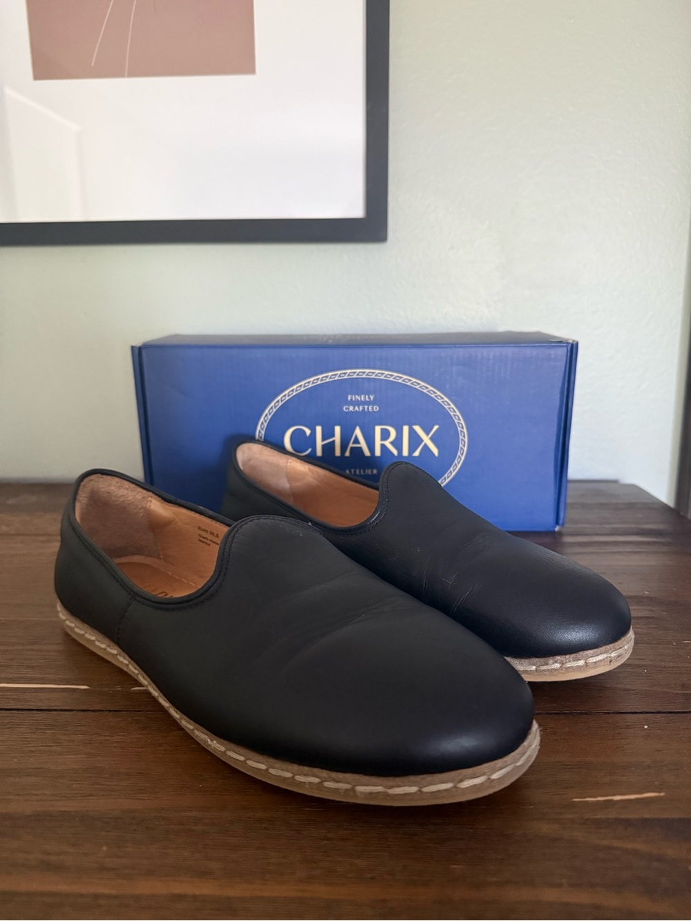 Women's Size 8.5: Charix Black Leather Slip-On Loafers with Contrast Stitching